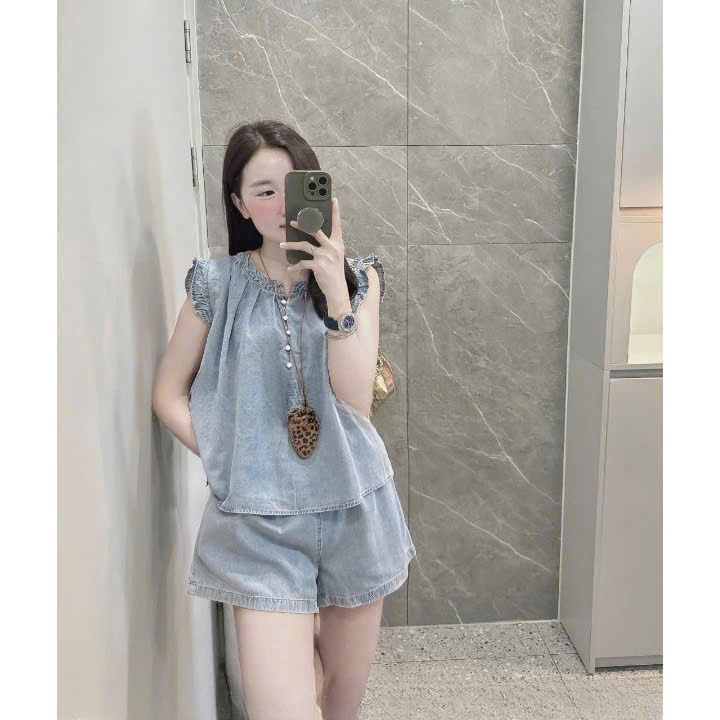 Xả: Bộ jean cộc vai bèo nữ S-50kg HN1 #159k