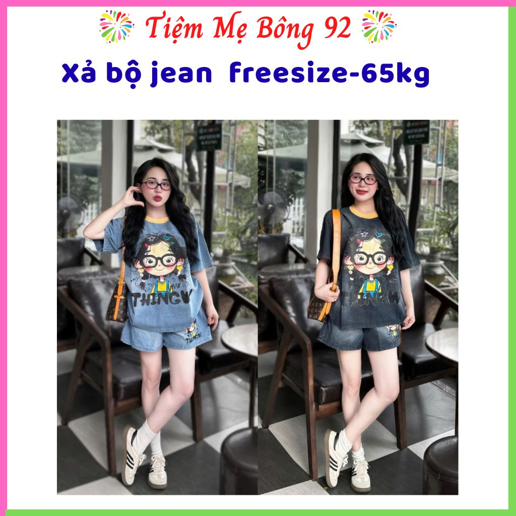 Xả: Bộ jean in hình cô gái freesize-65kg Xanh HN1 #145k