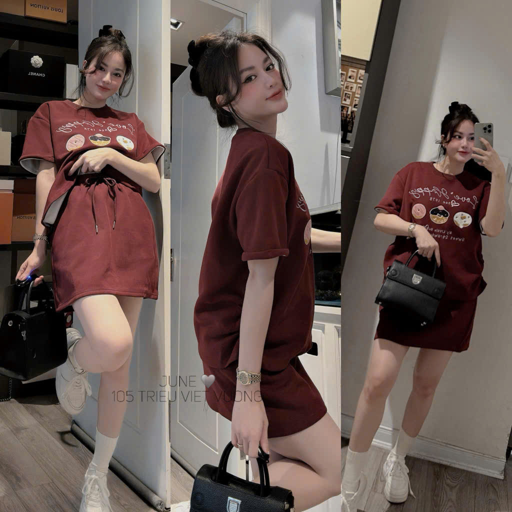 Sét váy đỏ đô: Áo cotton in hình chân váy chữ A BN1