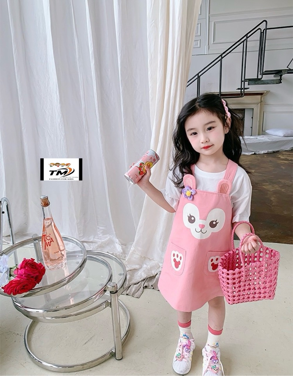 Sét yếm 2 chi tiết hồng mặt cười mùa hè bé gái 10-30kg