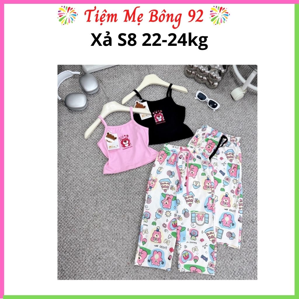 Xả S8 22-24kg : Bộ áo 2 dây quần tăm hoạ tiết gấu Hồng+ Đen HG4