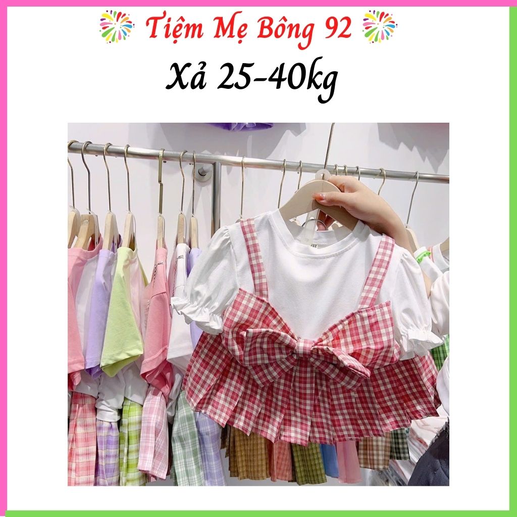 Xả 25-40kg: Sét váy nơ chân váy kẻ size nhỡ bé gái HG7