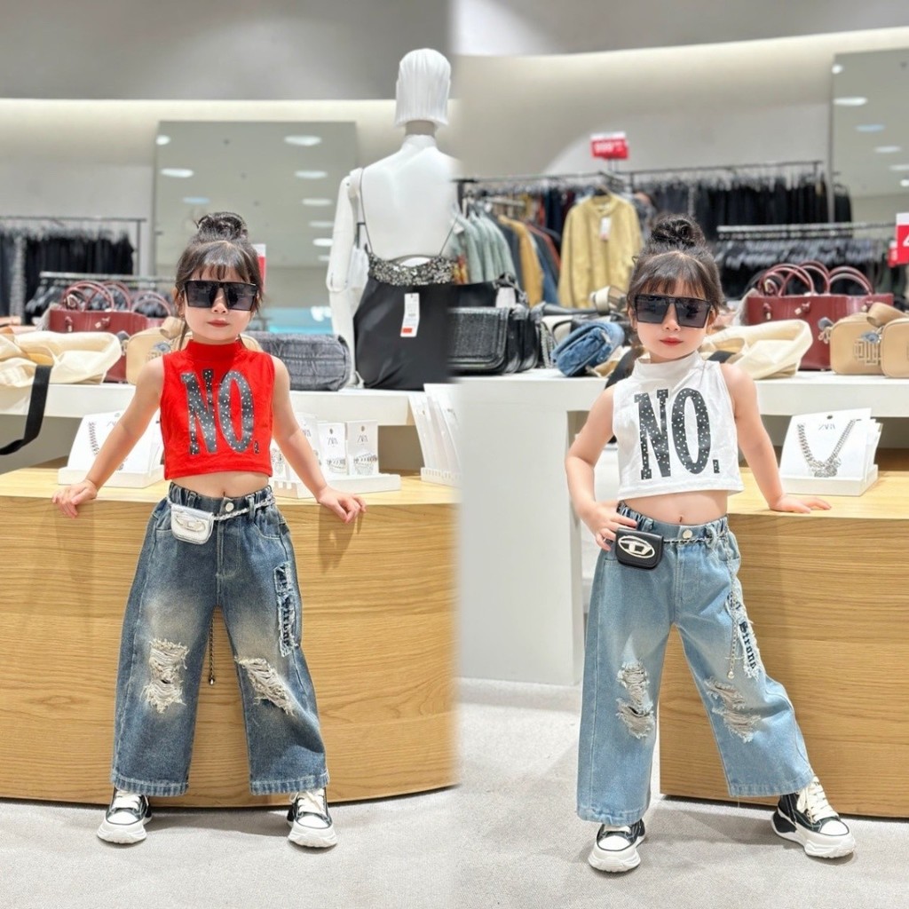 Xả 10-20kg : Bộ Áo cotton chữ No quần bò mềm mùa hè bé gái HG5