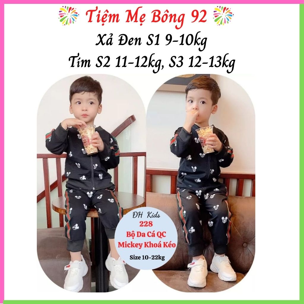 Xả Đen S1 9-10kg, Tím S2 11-12kg , Tím S3 12-13kg: Bộ nỉ da cá Mickey TT1+TG13