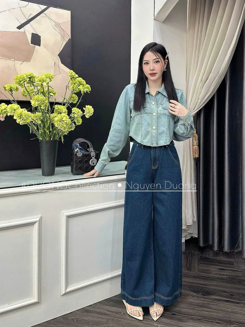 Xả L 55-62kg: Quần jean ống to xanh than đậm QJ71