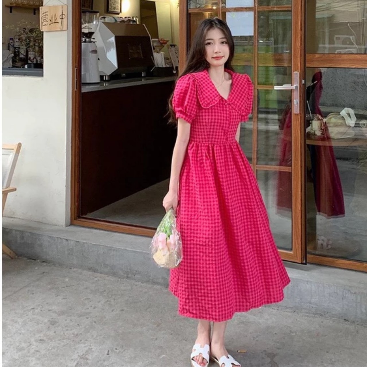Xả M 50-55kg : Váy thô mềm cổ sen Caro hồng nữ BN3
