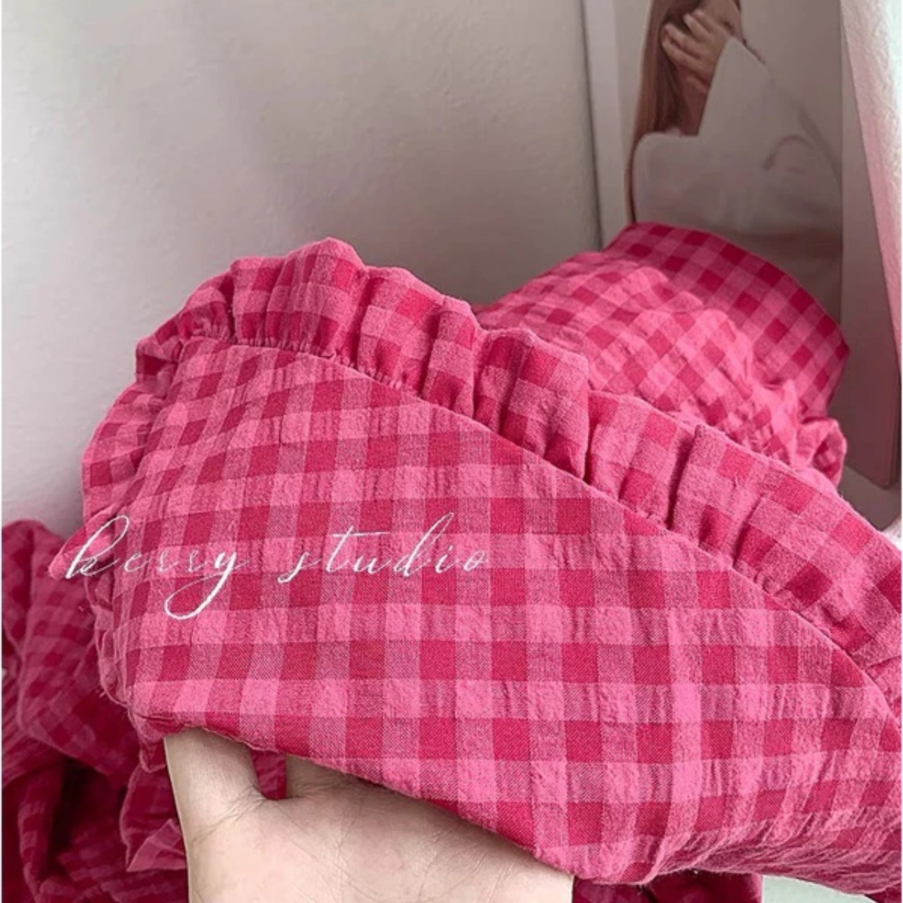 Xả M 50-55kg : Váy thô mềm cổ sen Caro hồng nữ BN3