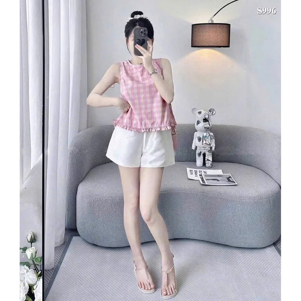 Xả S 40-48kg: Sét áo thô đũi kẻ hồng quần tafta kem BN1