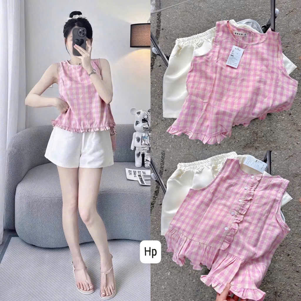 Xả S 40-48kg: Sét áo thô đũi kẻ hồng quần tafta kem BN1
