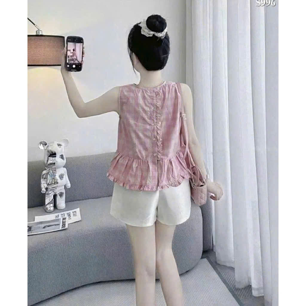 Xả S 40-48kg: Sét áo thô đũi kẻ hồng quần tafta kem BN1