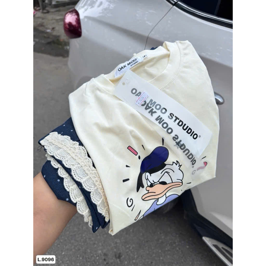 Xả S -50kg: Set áo cotton in vịt quần xanh than chấm bi dài nữ
