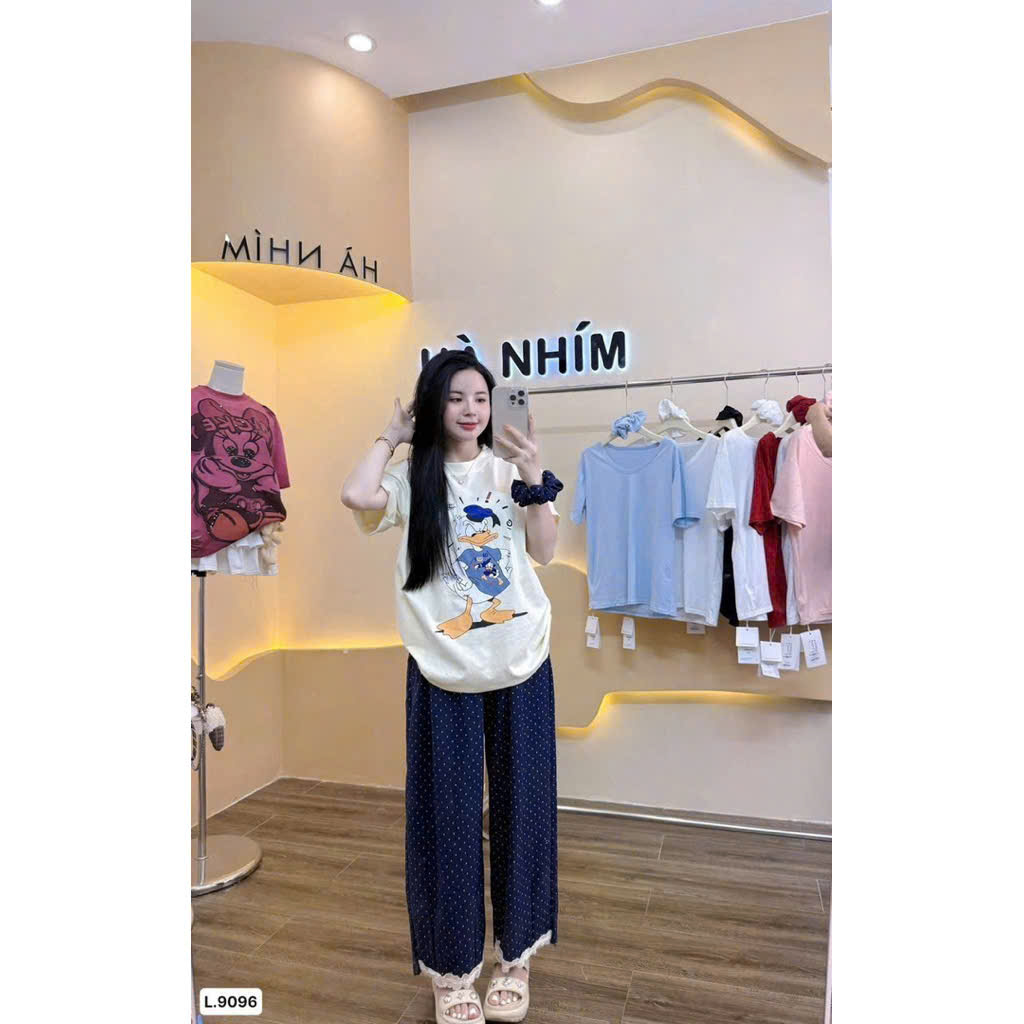 Xả S -50kg: Set áo cotton in vịt quần xanh than chấm bi dài nữ