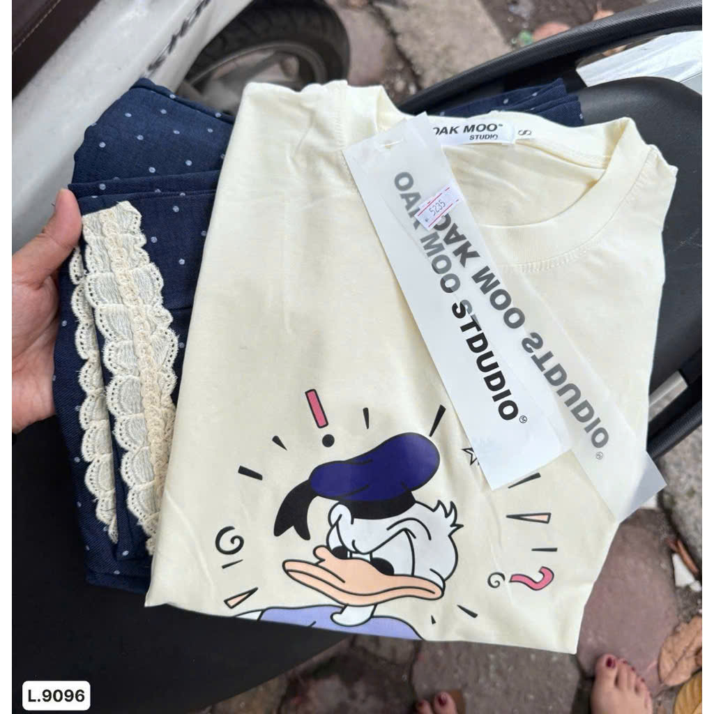 Xả S -50kg: Set áo cotton in vịt quần xanh than chấm bi dài nữ