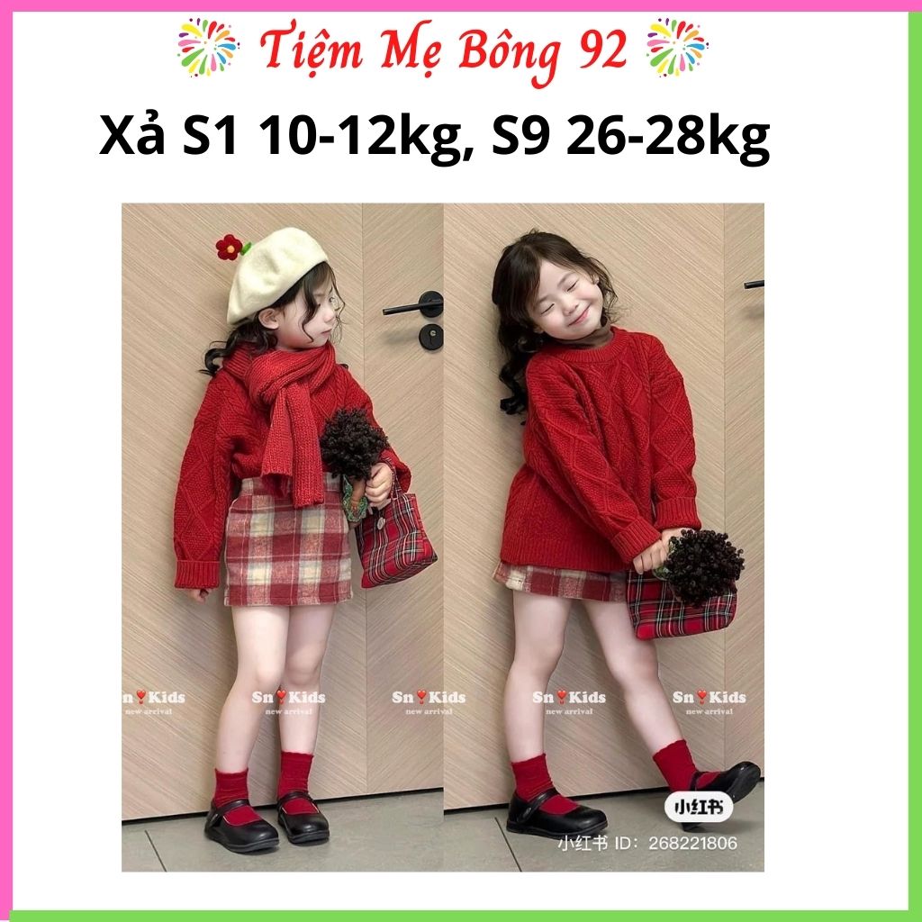 Xả S1 10-12kg, S9 26-28kg : Sét Áo len + chân váy dạ thu đông bé gái TG10