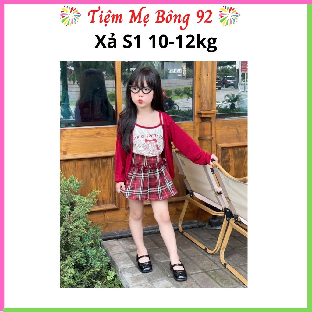 Xả S1 10-12kg: Sét 3 chi tiết cadigan nhũ đỏ cv kẻ #75k HG4