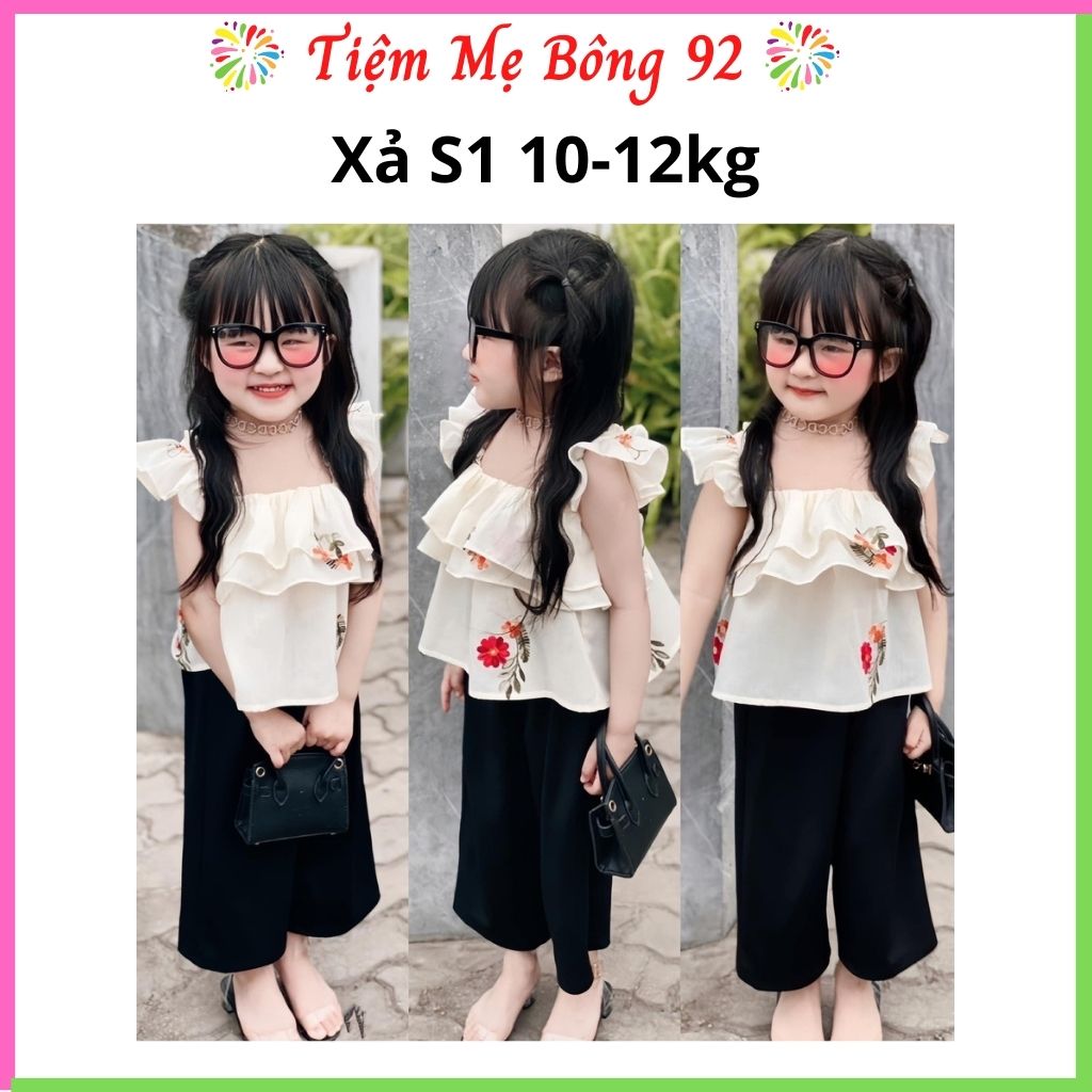 Xả S1 10-12kg : Bộ áo tầng thêu hoa quần đen mùa hè bé gái HG4