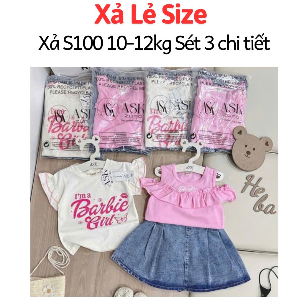 Xả S100 10-12kg :Sét 3 chi tiết 2 áo + chân váy jean bé gái VNXK