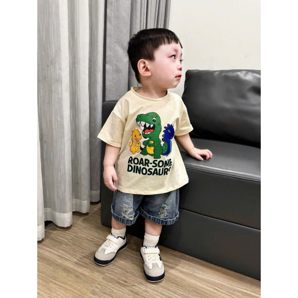 Xả S140 20-23kg: Sét áo cotton khủng long quần jean bé trai VNXK