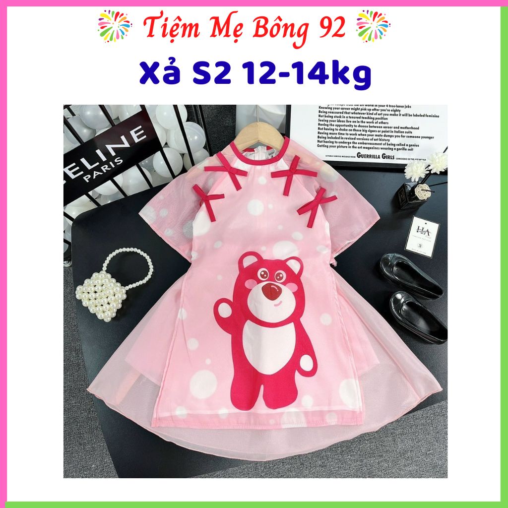Xả S2 12-14kg: Sét áo dài gấu dâu hồng bé gái AD3
