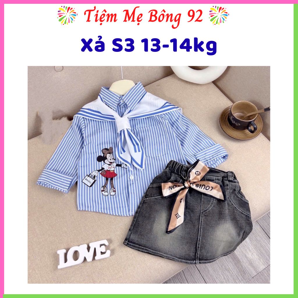 Xả S3 13-14kg: Sét bộ áo sơ mi kẻ kèm khăn chân váy bò khói bé gái HG2