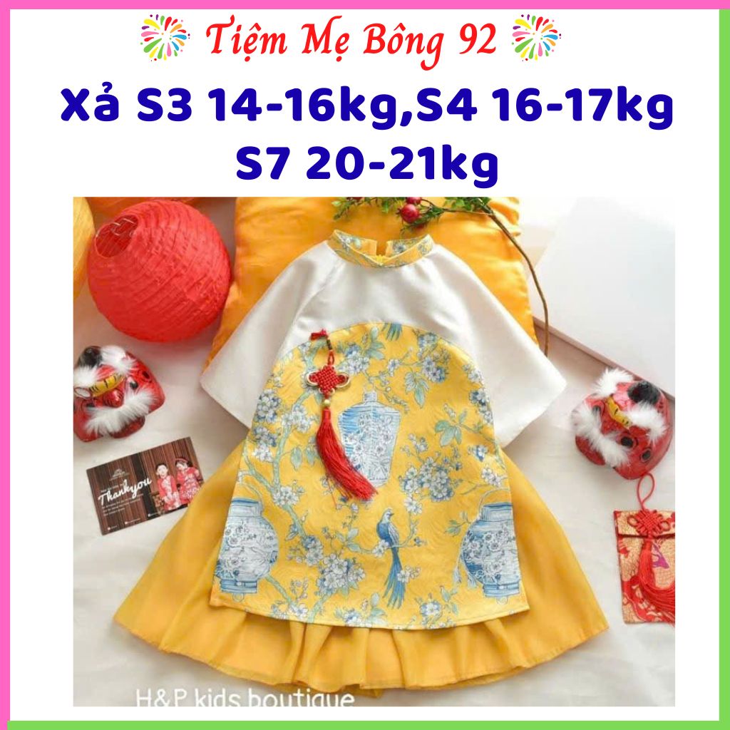 Xả S3 14-16kg,S4 16-17kg, S7 20-21kg : Sét áo dài gấm lồng đèn vàng bé gái AD2