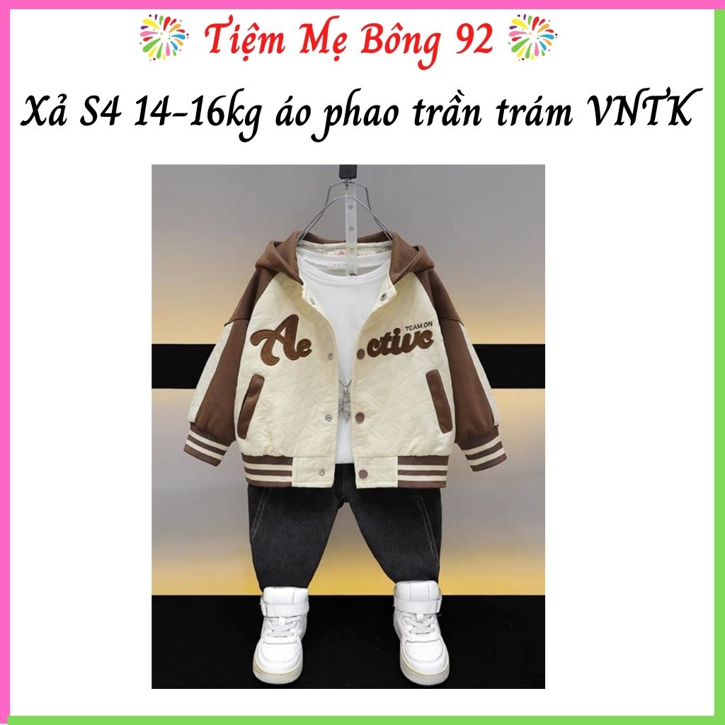 Xả S4 14-16kg: Áo phao mũ liền NÂU bé trai trần trám 2 lớp dày đẹp TT1