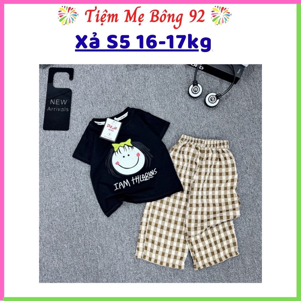 Xả S5 16-17kg: Bộ áo cotton I AM quần xuông đũi kẻ mùa hè bé gái HG4