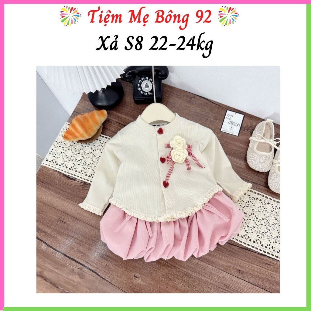 Xả S8 22-24kg: Sét áo tăm thỏ cúc tim cv bồng bé gái TG3