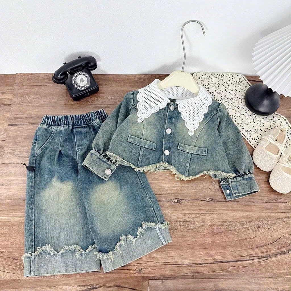 Xả S9 24-26kg : Bộ bò cổ ren croptop quần xuông bé gái TG1