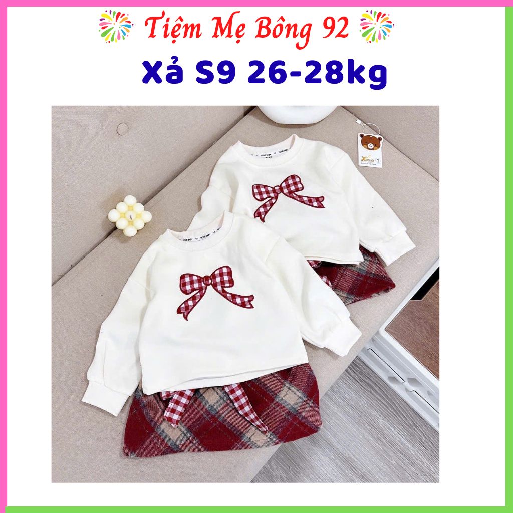 Xả S9 26-28kg Sét bộ áo nỉ thêu nơ cv caro bé gái TG9