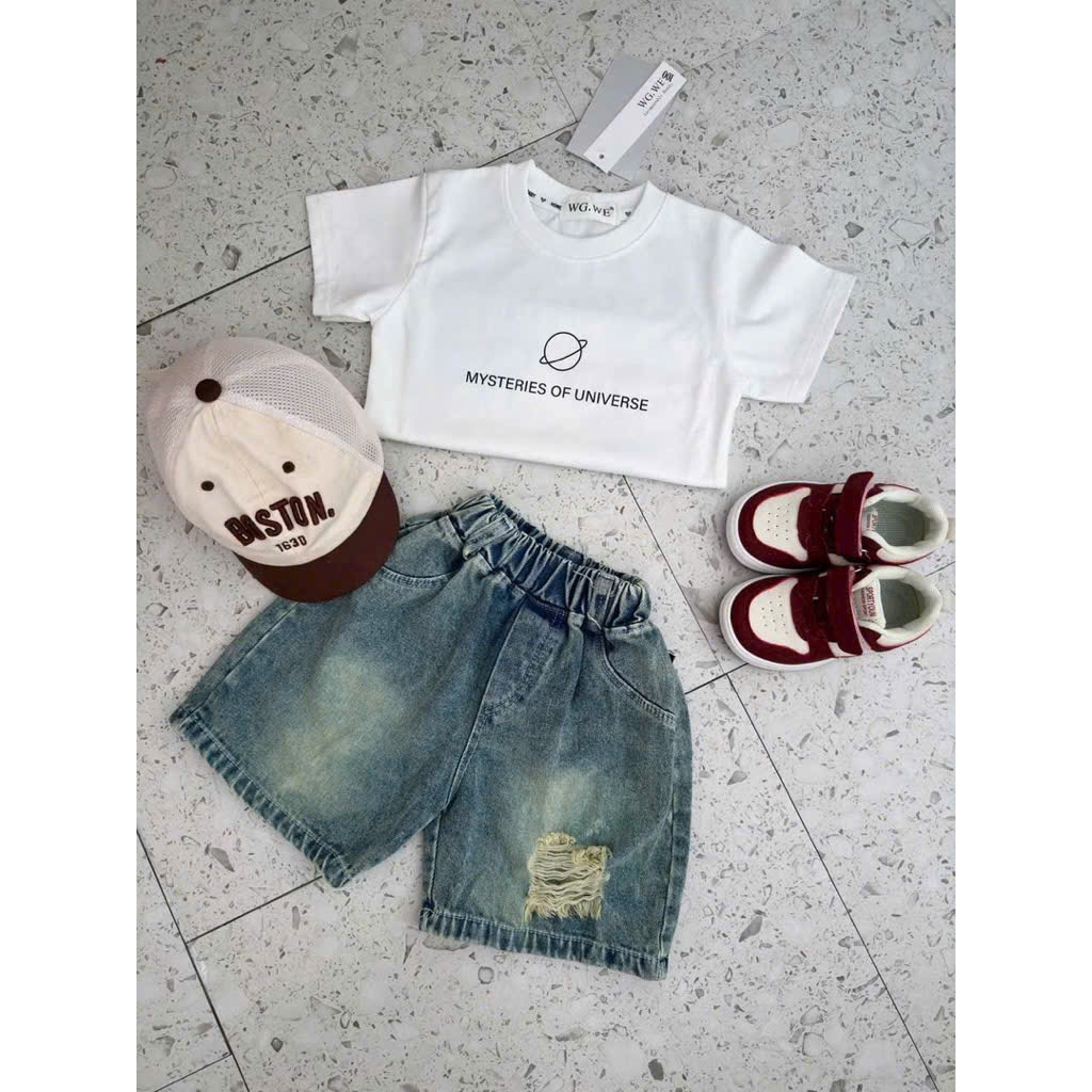 Ask Sét áo cotton địa cầu quần jean bé trai VNXK