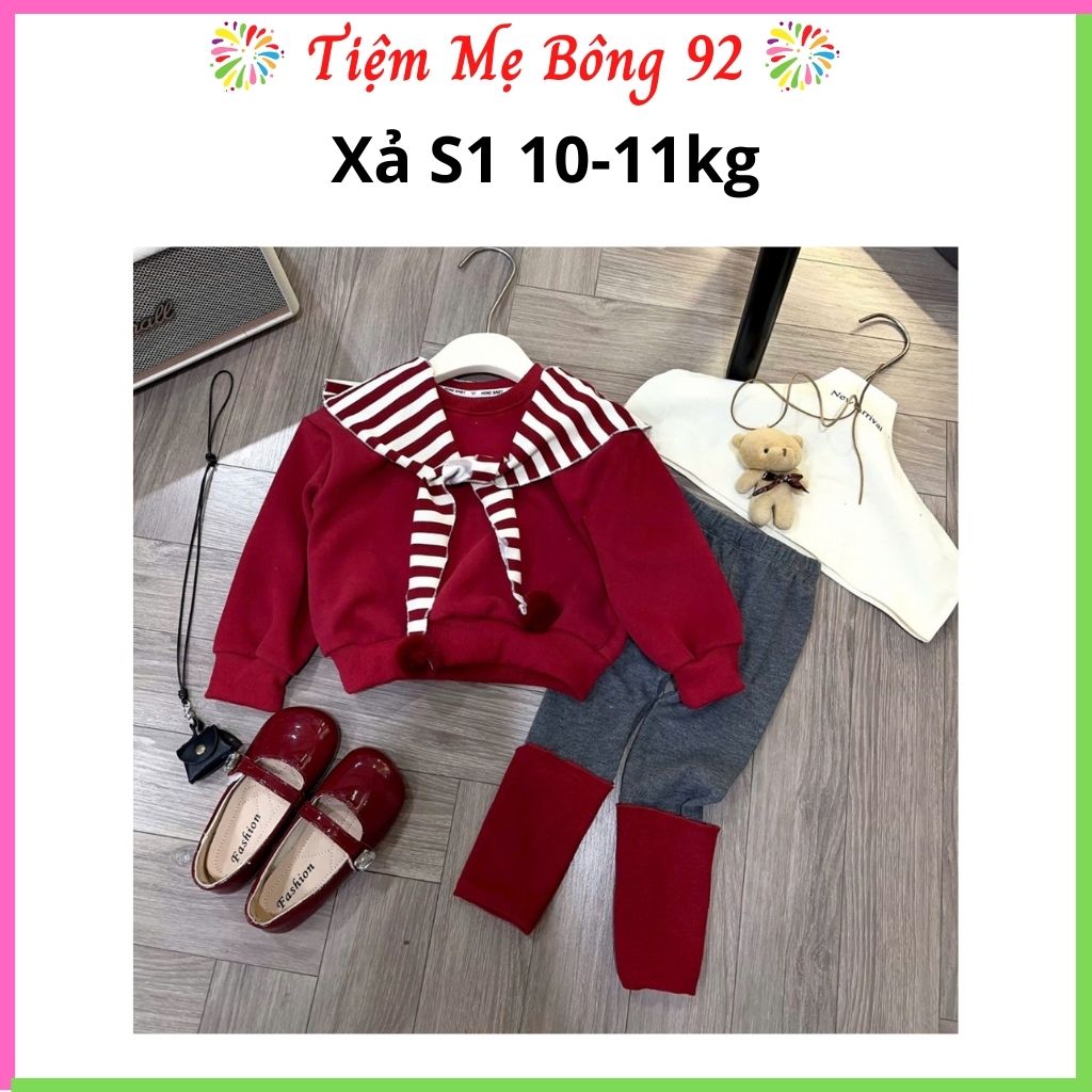 Xả S1 10-11kg : Sét áo nỉ đỏ kèm khăn kẻ quần legging TG8