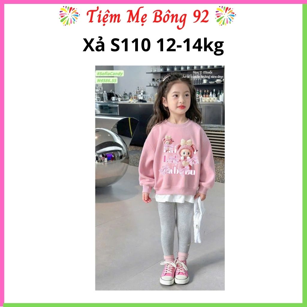 Xả VNXK S110 12-14kg : Bộ nỉ Labubu hồng quần tăm dày bé gái TG3