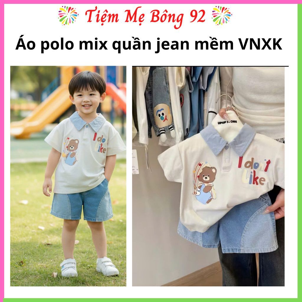 Xả VNXK S130 18-20kg S140 21-23kg :Sét áo polo mix quần sooc jean mềm bé trai HT3