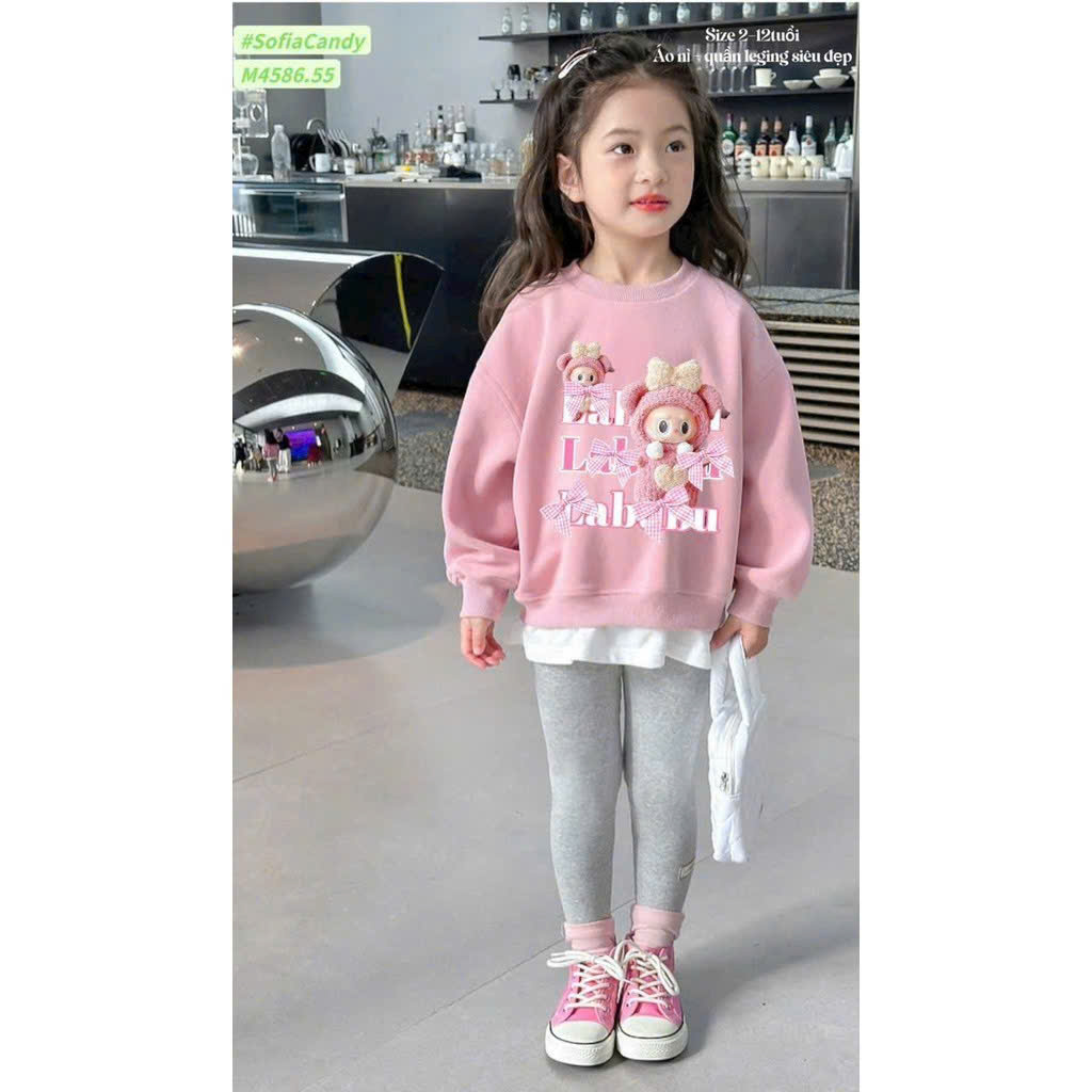 Xả VNXK S110 12-14kg : Bộ nỉ Labubu hồng quần tăm dày bé gái TG3