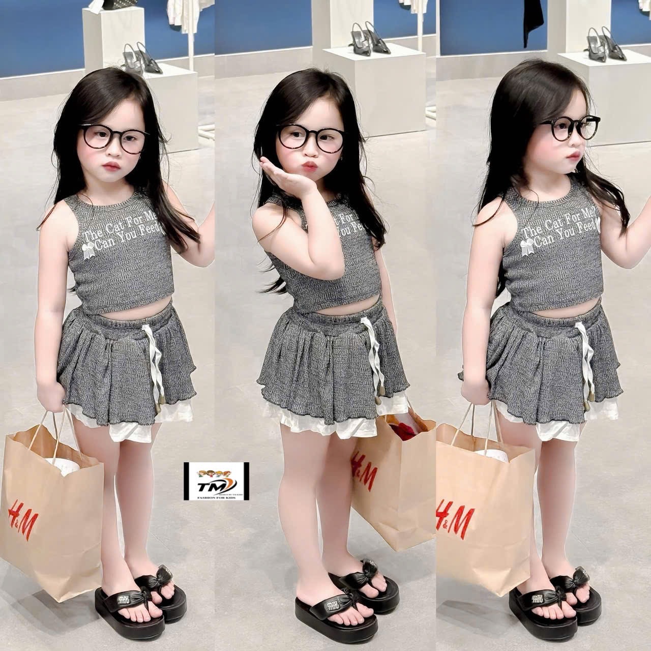 Xả S5 16-17kg : Bộ áo croptop the cat for me chân váy tầng ghi HG2