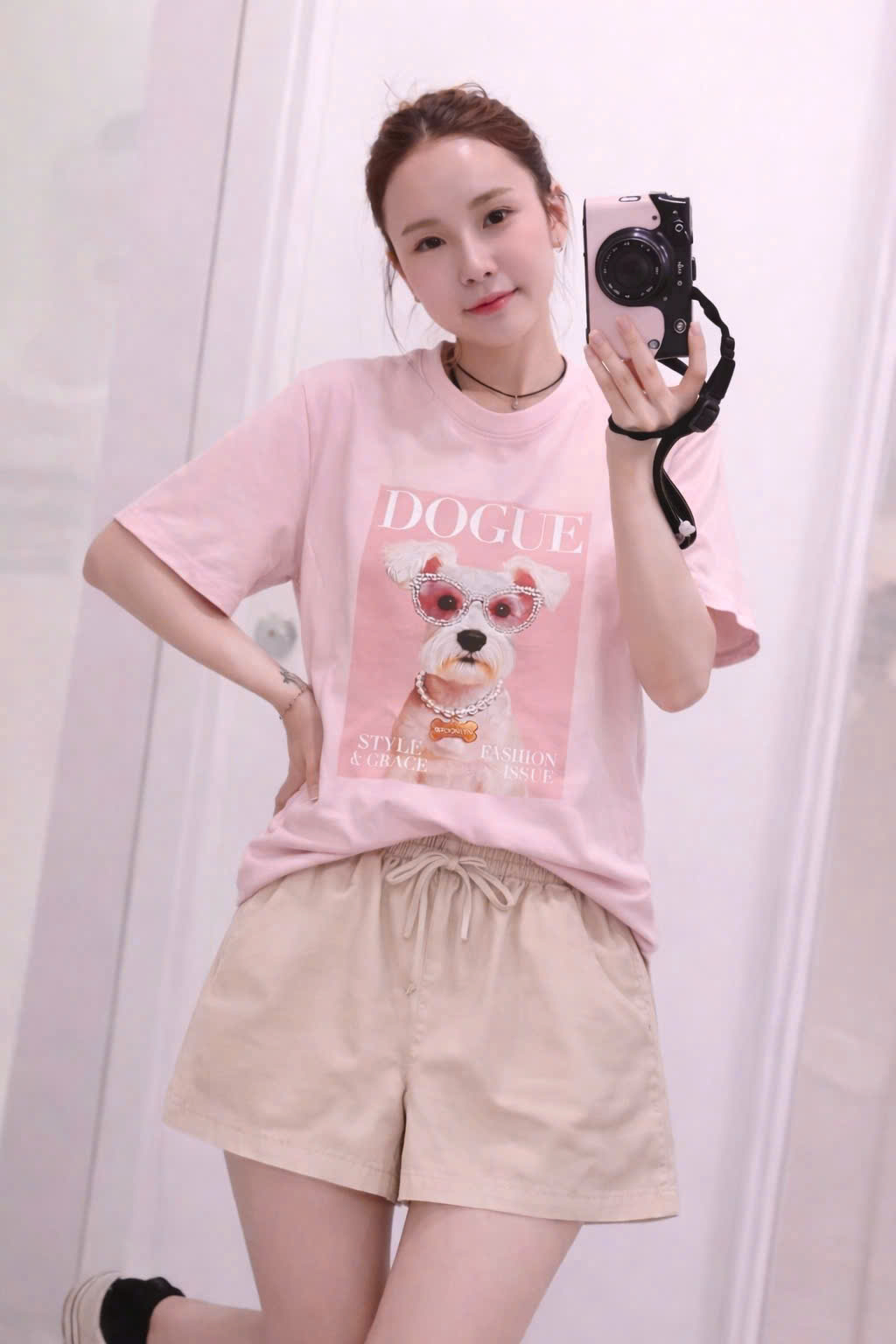 Sét áo cotton hồng DOGUE quần kem nữ