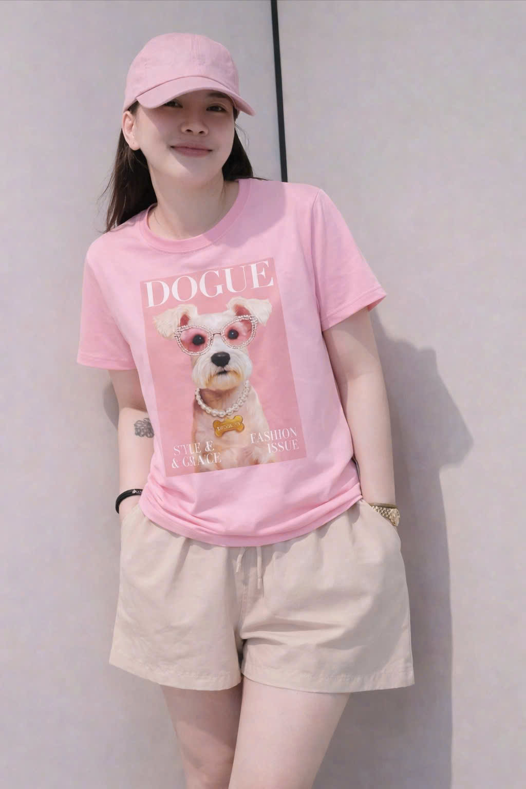 Sét áo cotton hồng DOGUE quần kem nữ