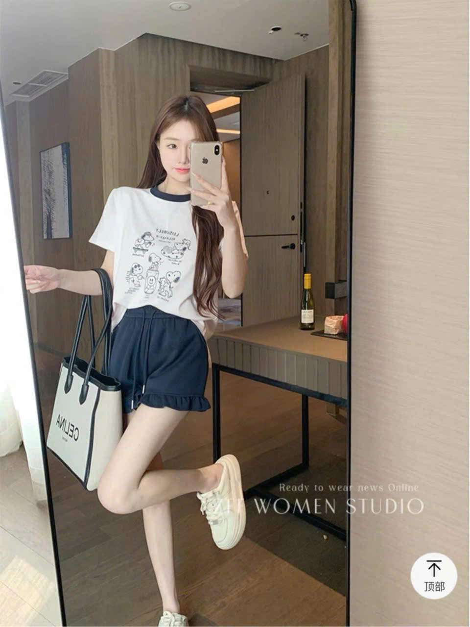 Sét áo cotton trắng in hình cún quần bèo gấu nữ BN1