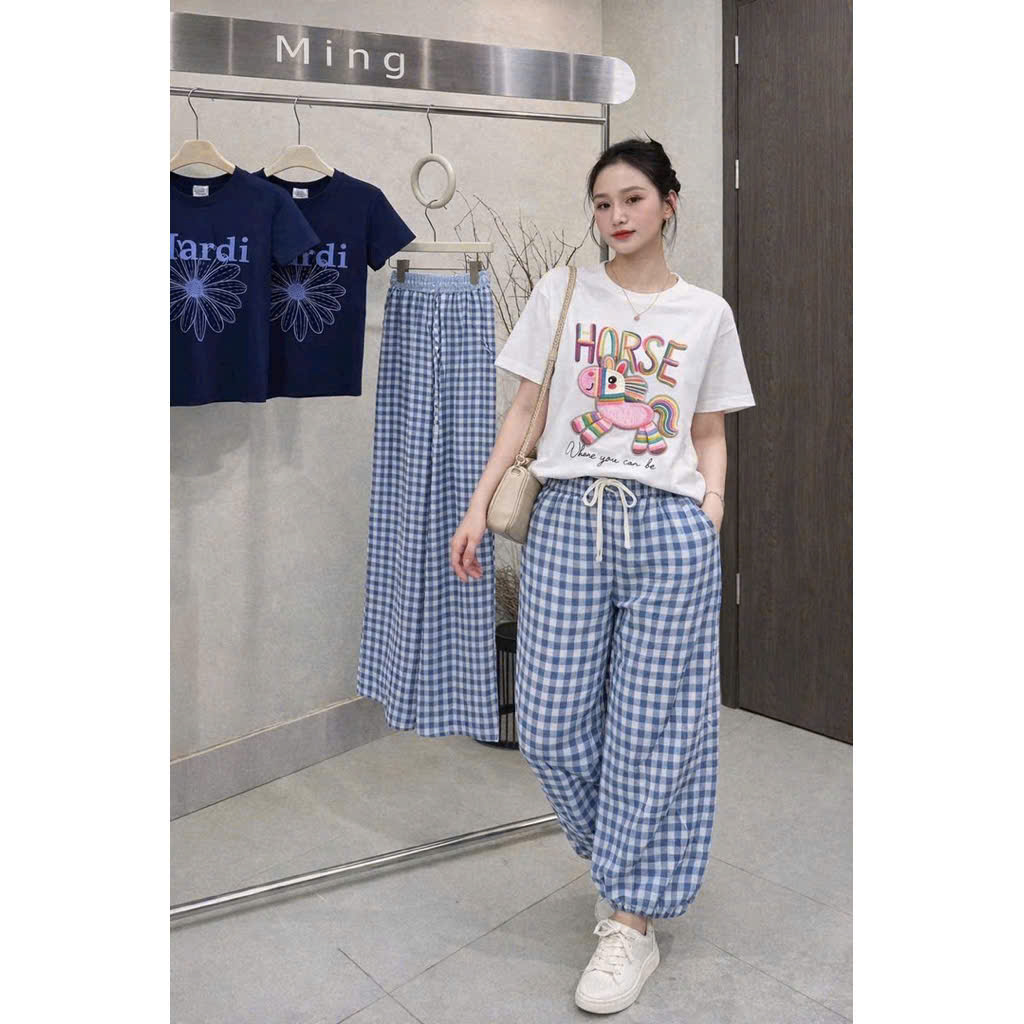 Sét áo cotton in ngựa quần kẻ caro xanh nữ BN1