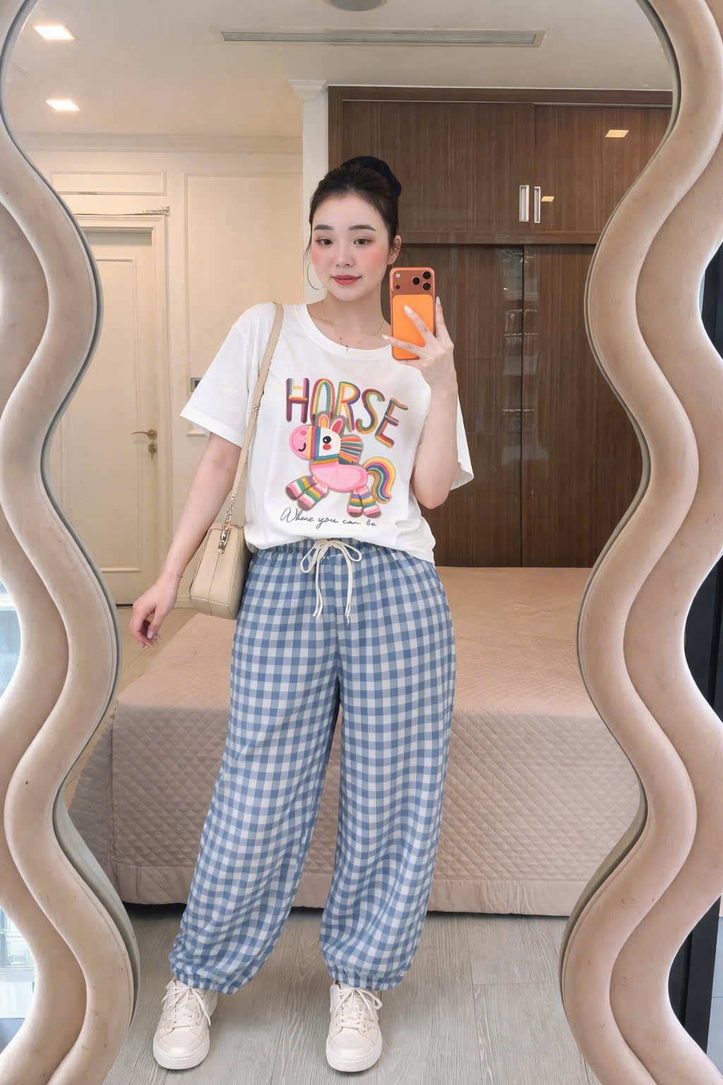 Sét áo cotton in ngựa quần kẻ caro xanh nữ BN1