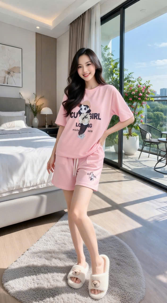 Bộ cotton hồng nữ Cute Girl 2 màu Hồng,Ghi