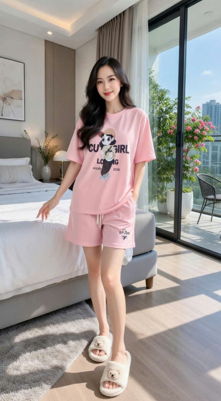 Bộ cotton hồng nữ Cute Girl 2 màu Hồng,Ghi