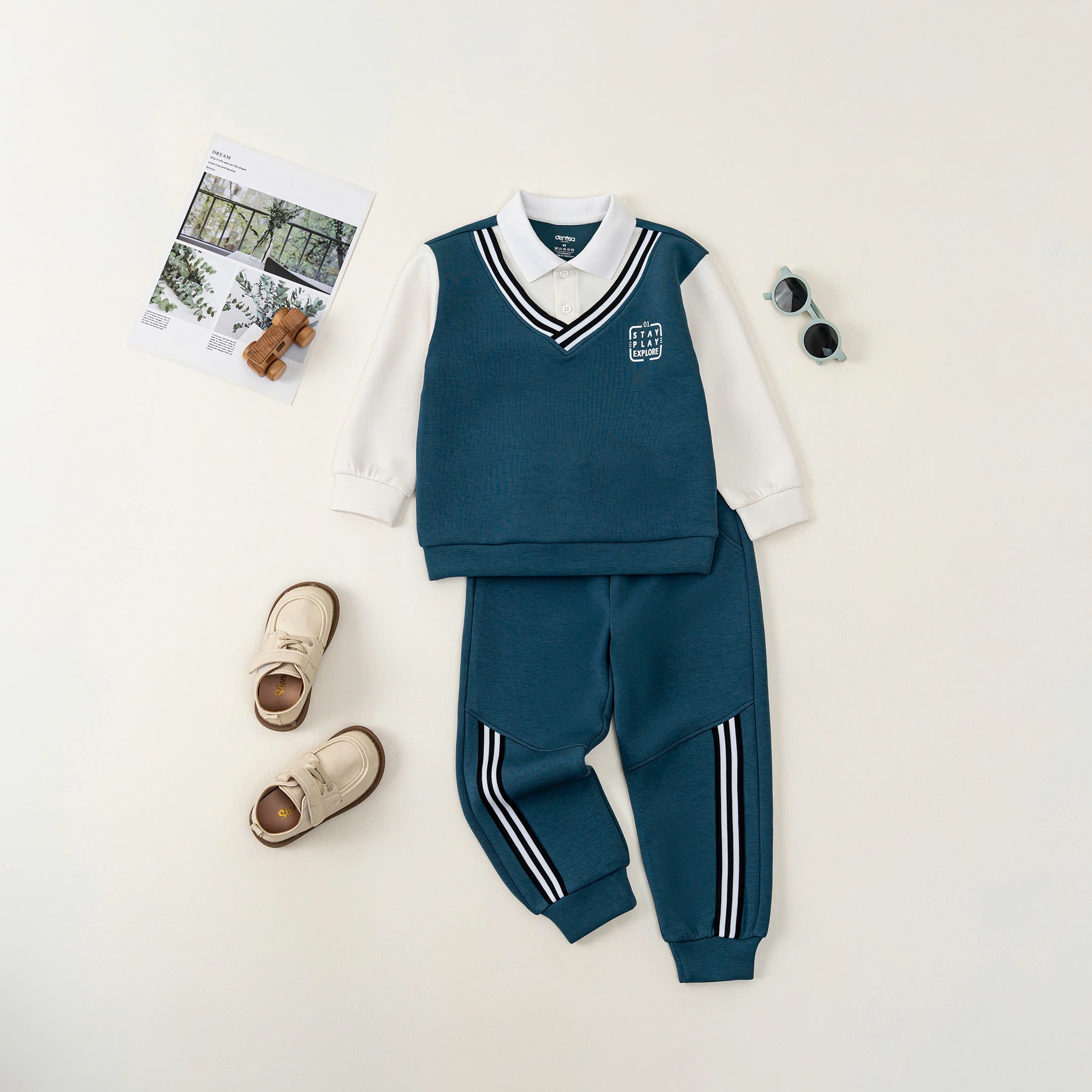 Bộ Thu Đông BT cổ Polo(1-4Y) DWB25-3909 Xanh cổ vịt