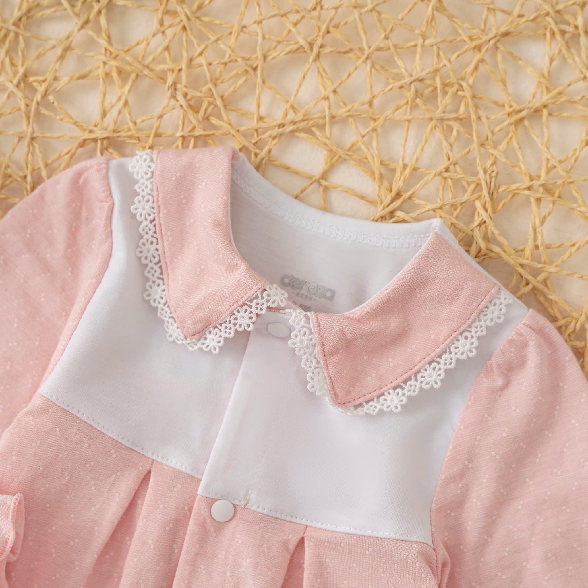 Body dài tay ren cổ BG (0-6M) Hồng
