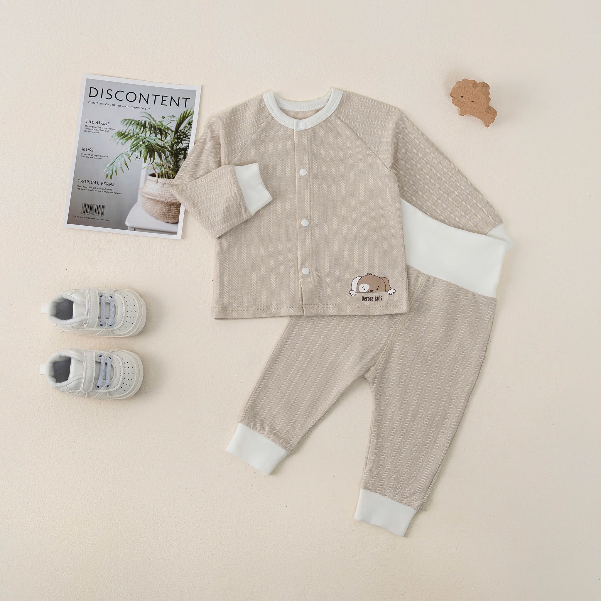 Bộ SS cài giữa dài tay kẻ (0-6M) Nâu
