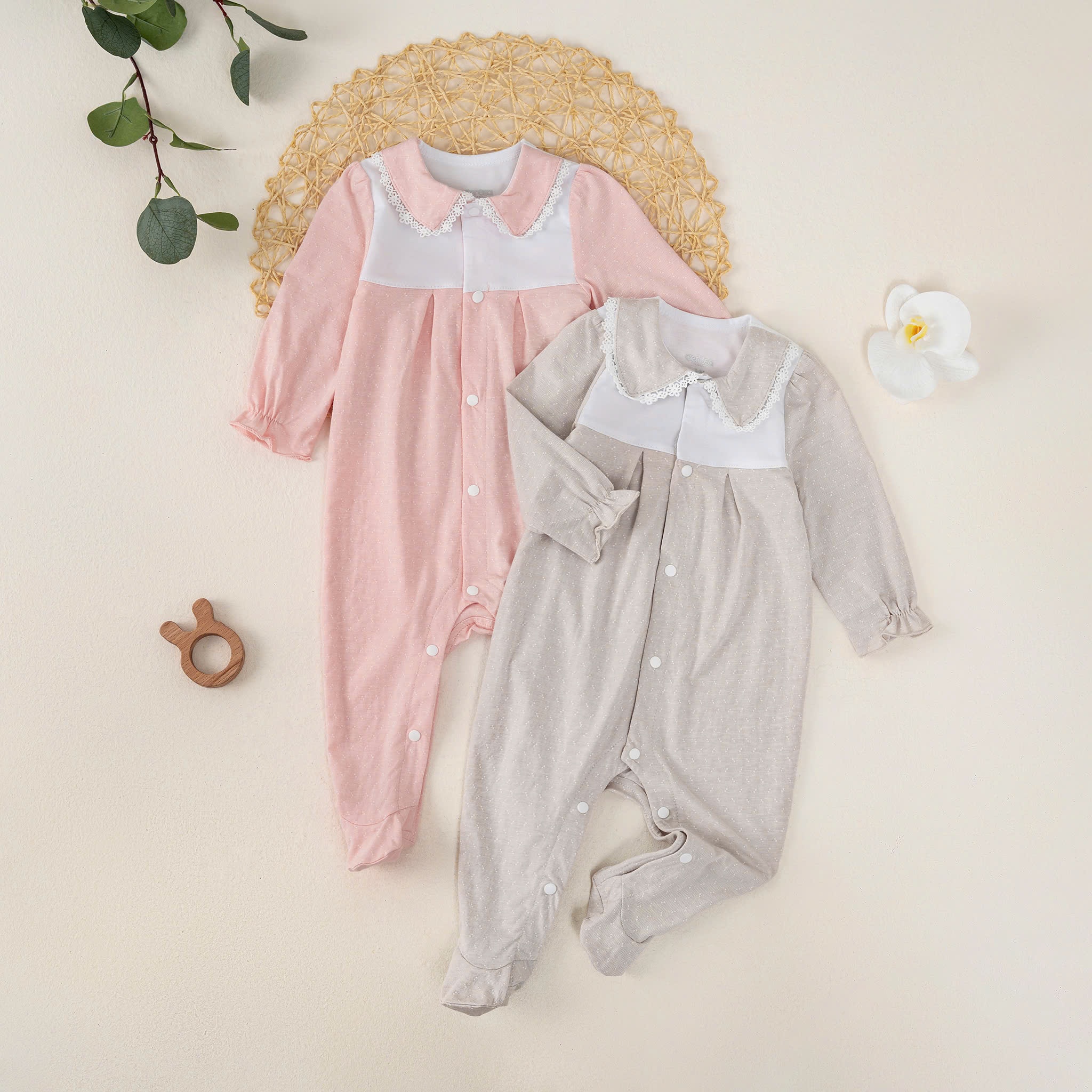 Body dài tay ren cổ BG (0-6M) Hồng