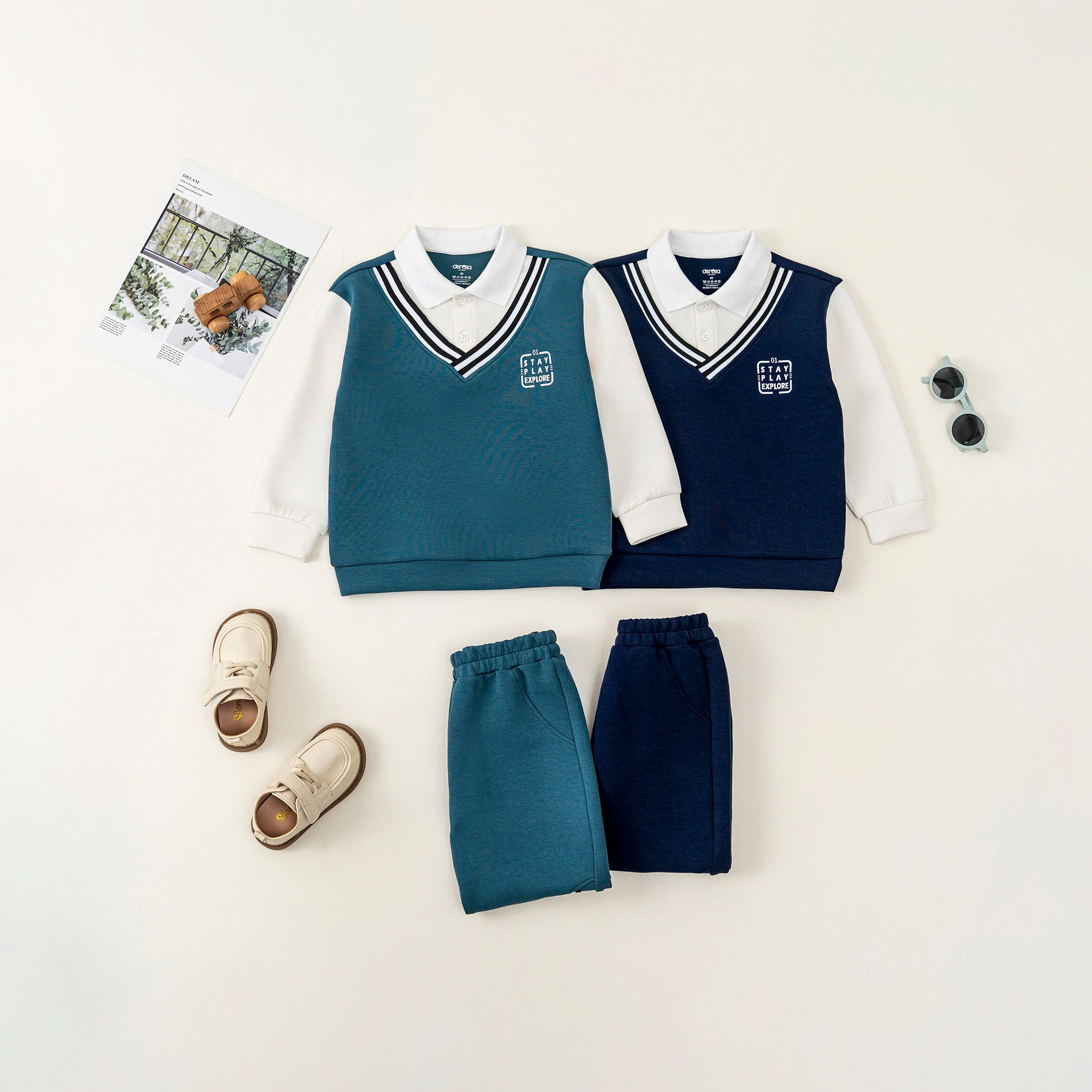 Bộ Thu Đông BT cổ Polo(1-4Y) DWB25-3909 Xanh cổ vịt