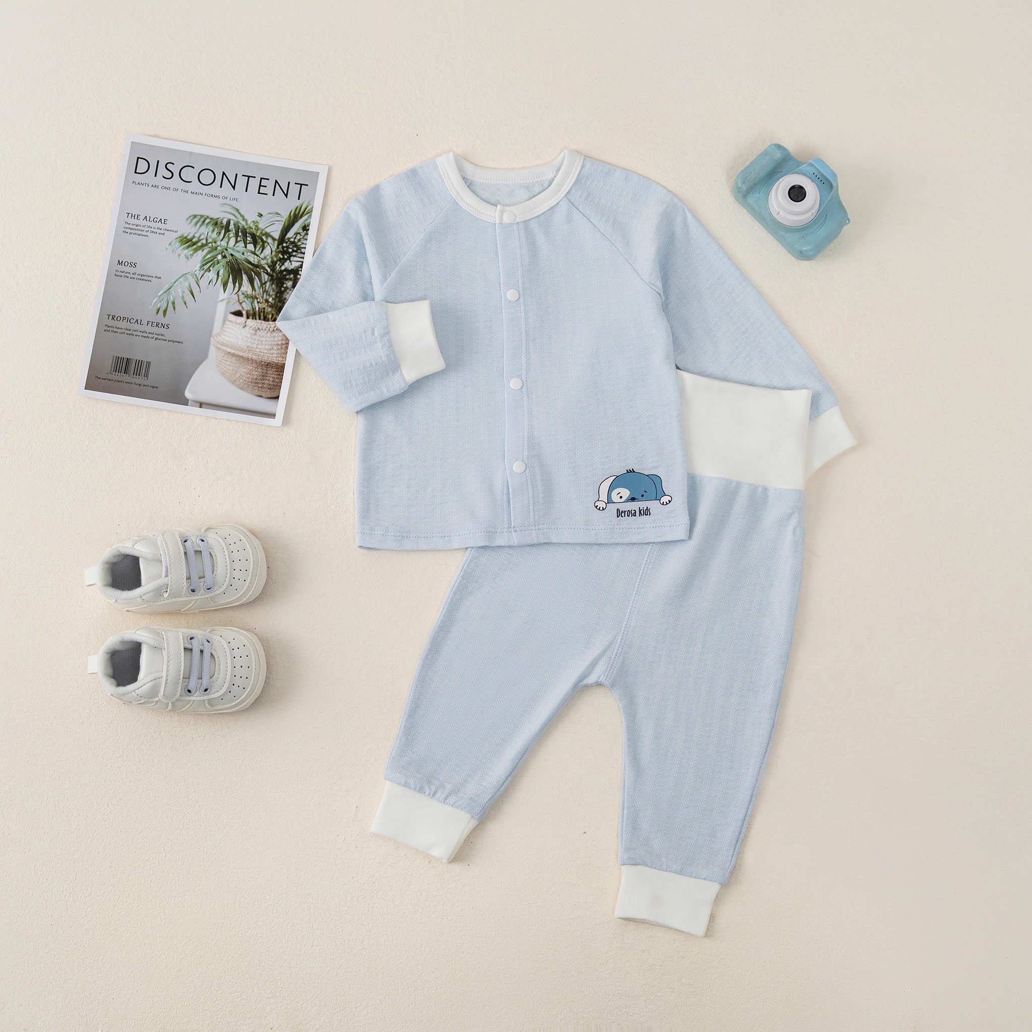 Bộ SS cài giữa dài tay kẻ (0-6M) Nâu