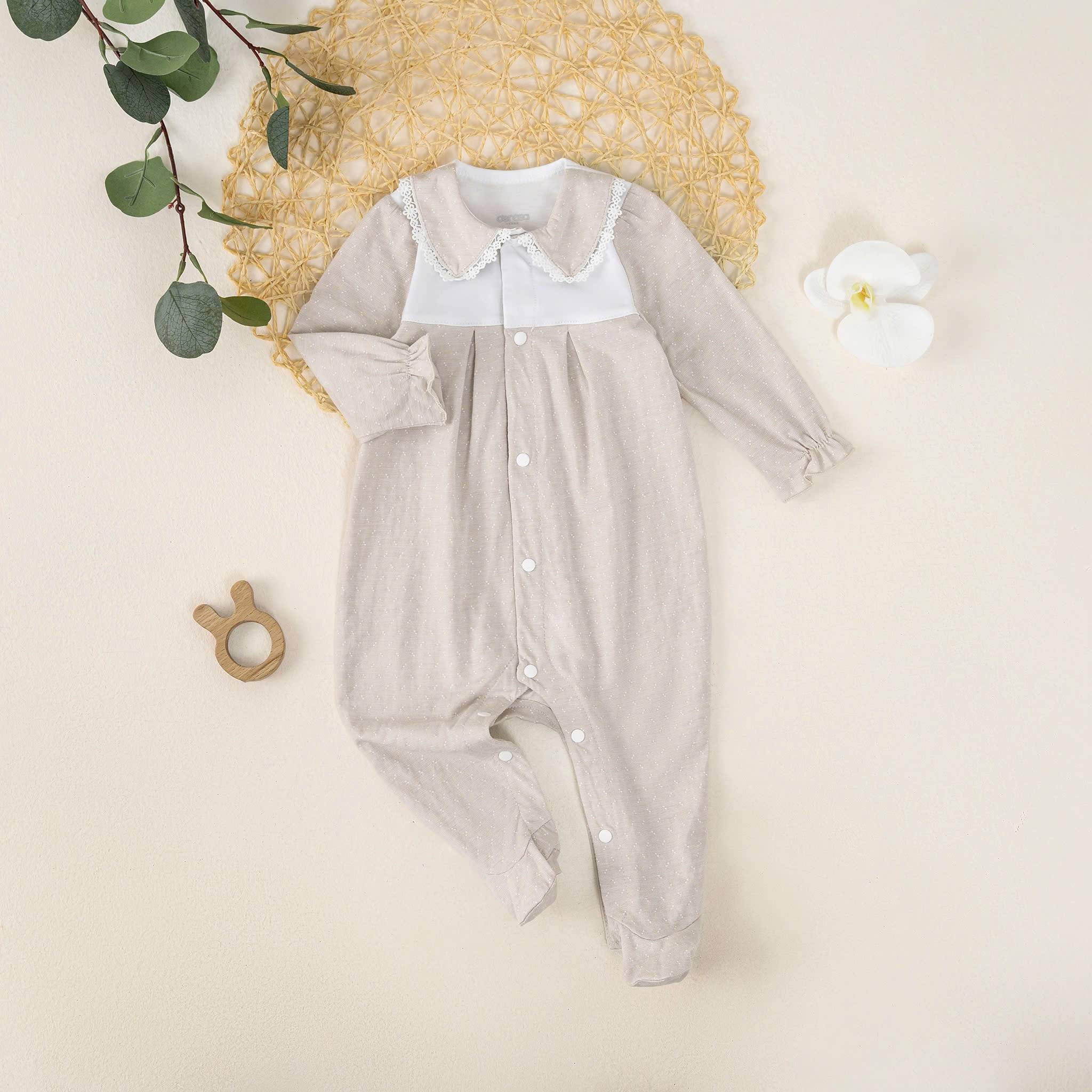 Body dài tay ren cổ BG (0-6M) Hồng